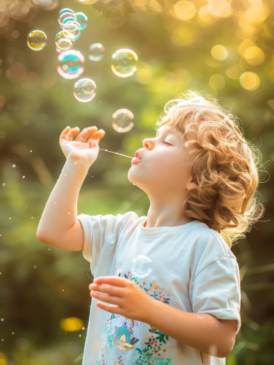 Little boy with blonde curly hair blowing bubbles