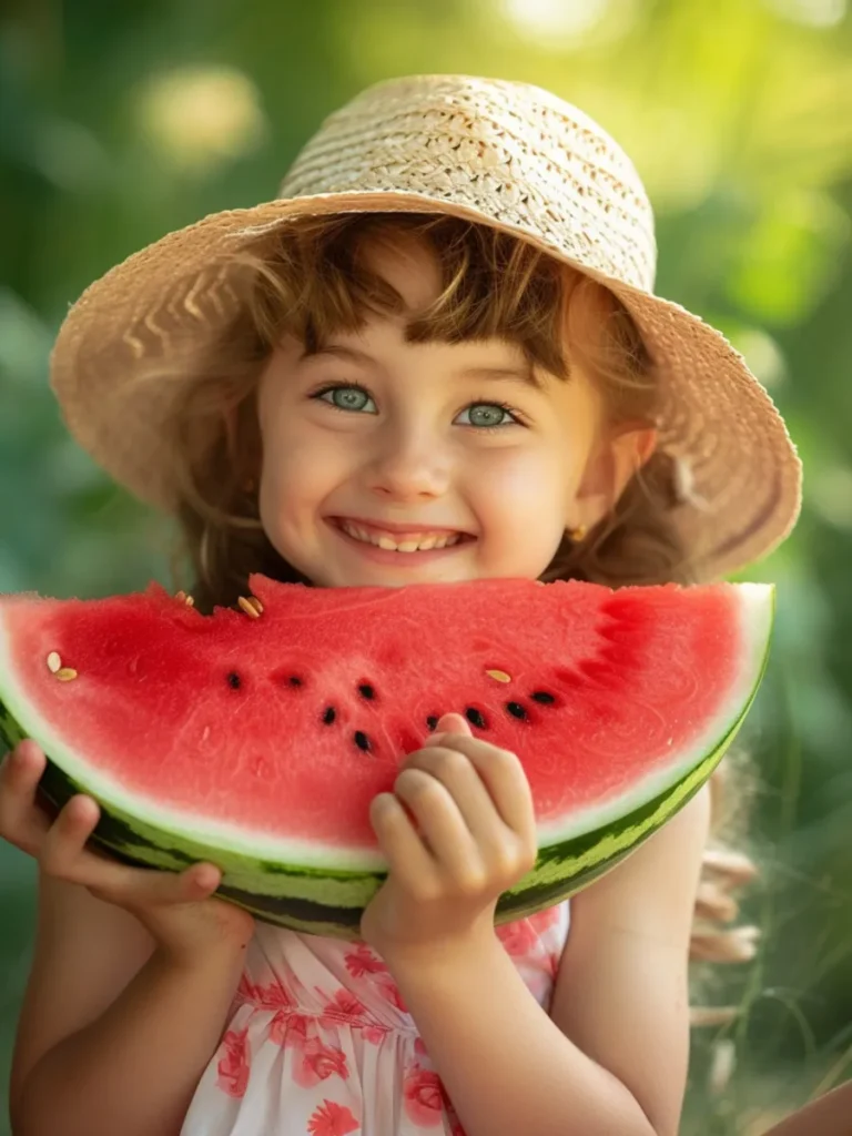 Little girl in a sun hat holding a slice of watermelon