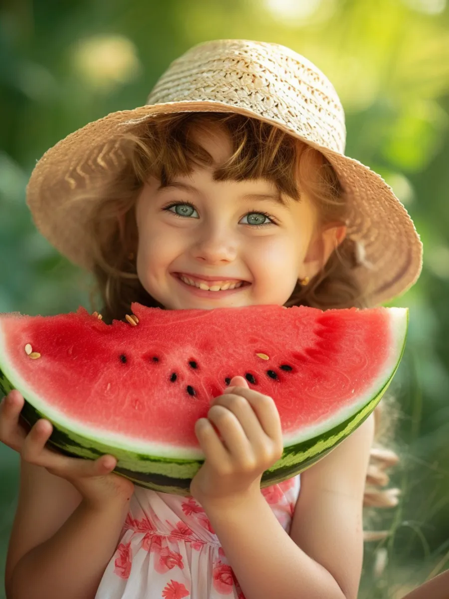 Little girl in a sun hat holding a slice of watermelon