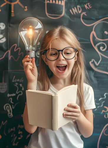 young girl with book in front of chalkboard